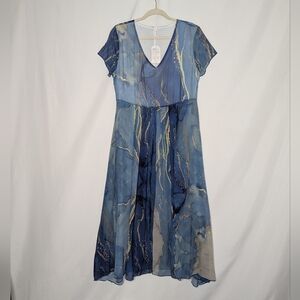 Women's Blue Sheer Fairy Ethereal Water Print Layered A-line Dress Size L